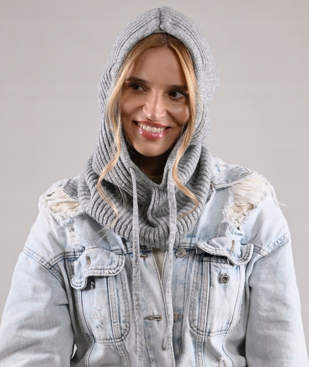 Czapka damska szara KAPTUR modny balaclava Kominiarka komin miekka zimowa