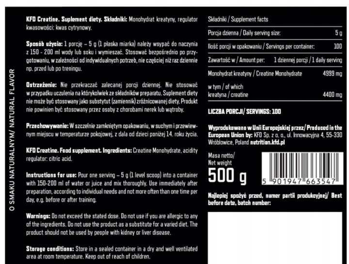 KREATYNA KFD PREMIUM CREATINE 500 g MONOCHYDRAT SMAK OWOCE TROPIKALNE