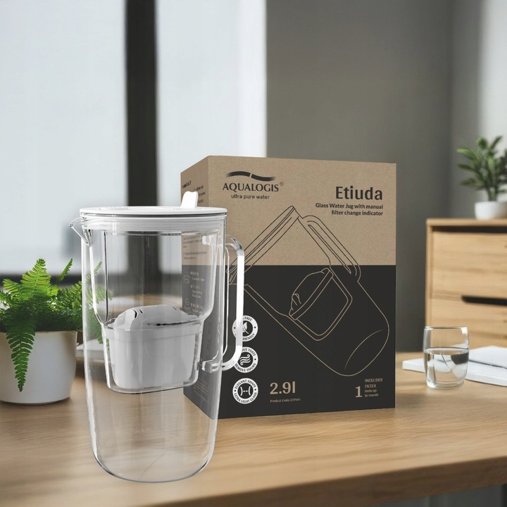 DZBANEK FILTRUJĄCY SZKLANY ETIUDA BIAŁY + WKŁAD PURE+ AQUALOGIS 2.9L