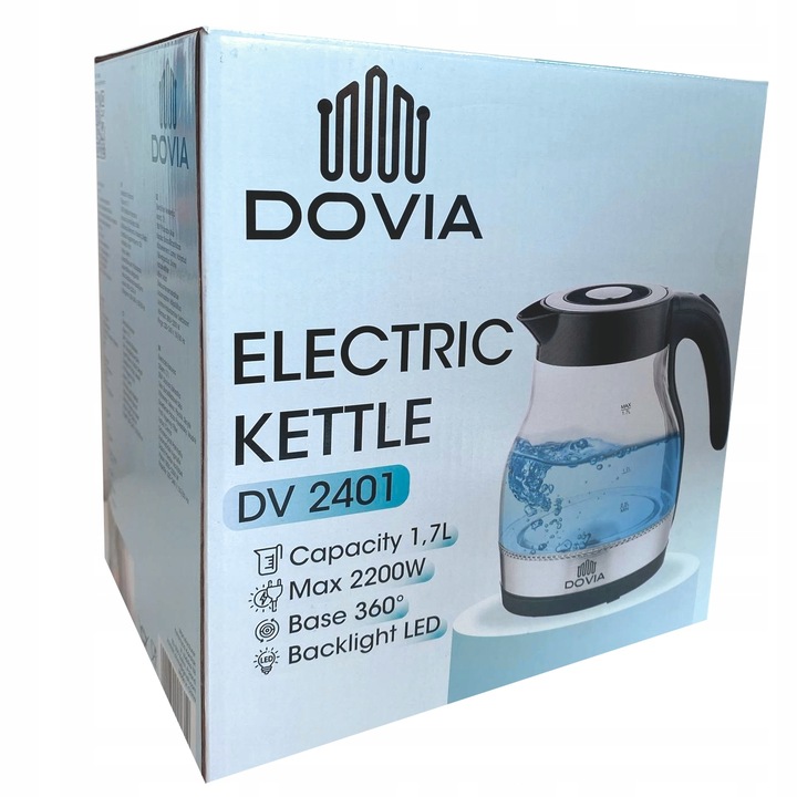 Czajnik Elektryczny Bezprzewodowy Szklany 1.7 L Cichy LED Mocny 2200W Dovia