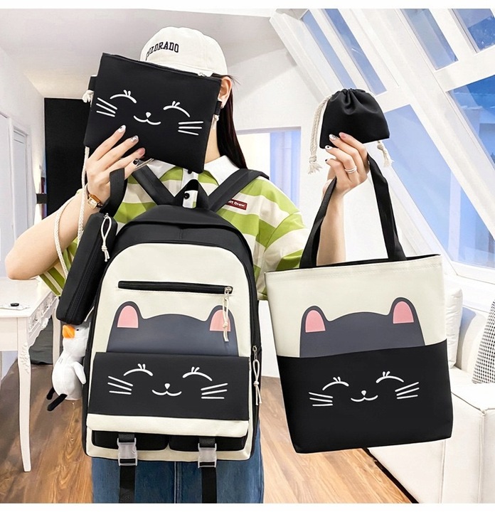 PLECAK SZKOLNY KOT KOTEK MŁODZIEŻOWY + PIÓRNIK CZARNY ZESTAW Z KOTKIEM 5w1