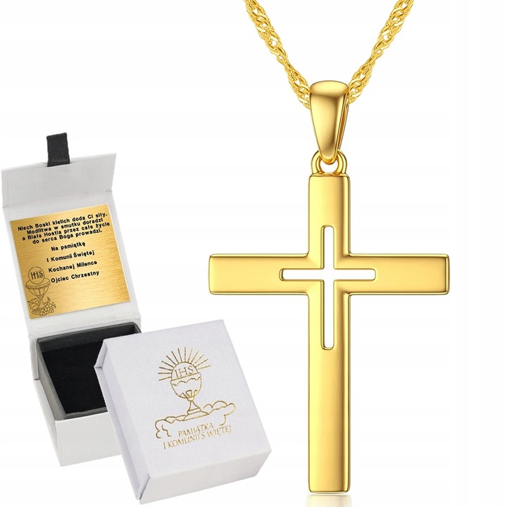 ZŁOTY ŁAŃCUSZEK NASZYJNIK KOMUNIA KRZYŻYK SREBRO POZŁACANE GRAWER