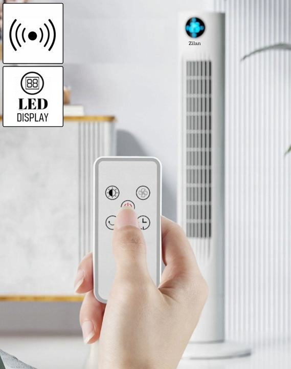 WENTYLATOR KOLUMNOWY XL 60W BIAŁY CICHY PANEL LED PILOT OSCYLACJA TERMOMETR