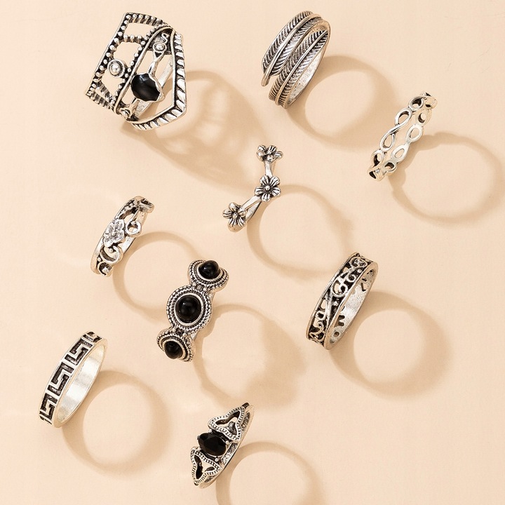 Srebrny ZESTAW PIERŚCIONKÓW RETRO PUNK BOHO 74