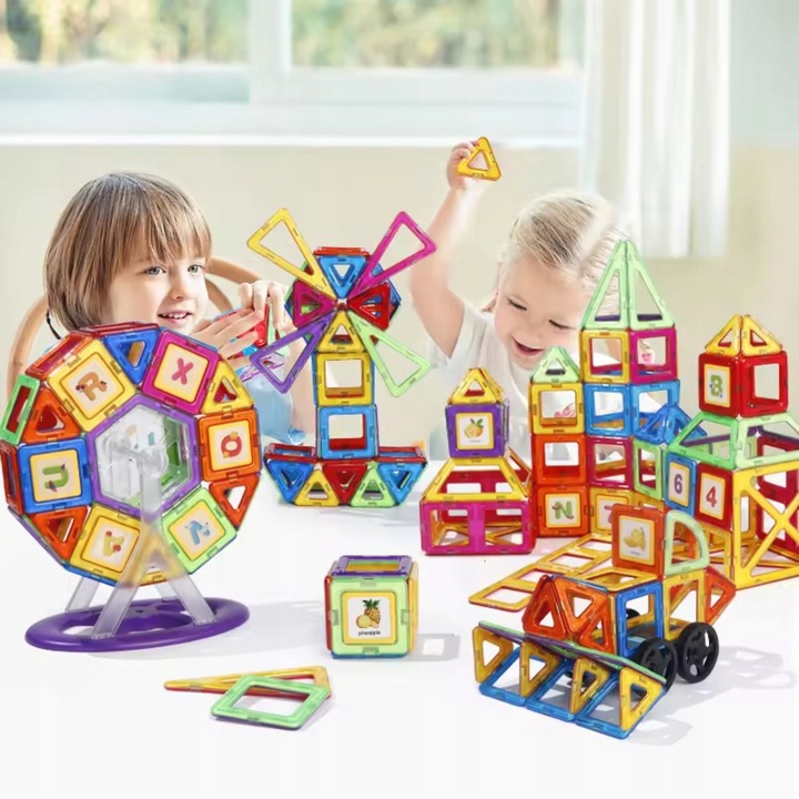 Klocki magnetyczne PANELE KONSTRUKCYJNE edukacyjne kolorowe 3D zestaw 128el