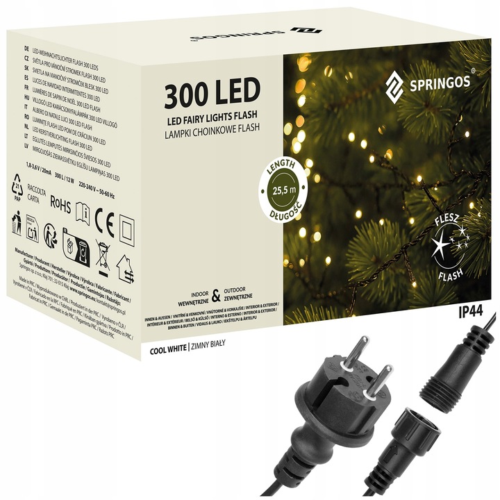 LAMPKI CHOINKOWE 300LED 24m zewnętrzne GRUBE ZIMNE BIAŁE + NIEBIESKI FLASH