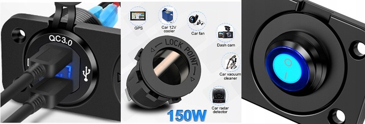 GNIAZDO ZAPALNICZKI Ładowarka USB 2xQC 3.0 WOLTOMIERZ PANEL 3 12/24V Kable