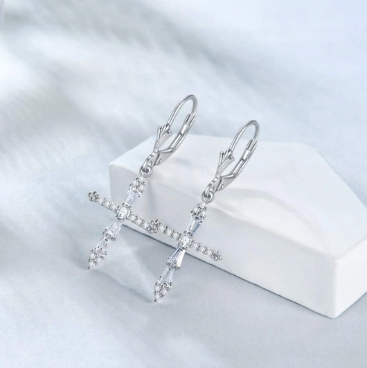Kolczyki srebrne wiszące krzyże z cyrkoniami AAA rodowane srebro 925