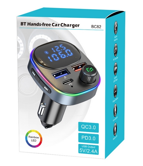 TRANSMITER BLUETOOTH FM SAMOCHODOWY SZYBKA ŁADOWARKA USB USB-C AUX