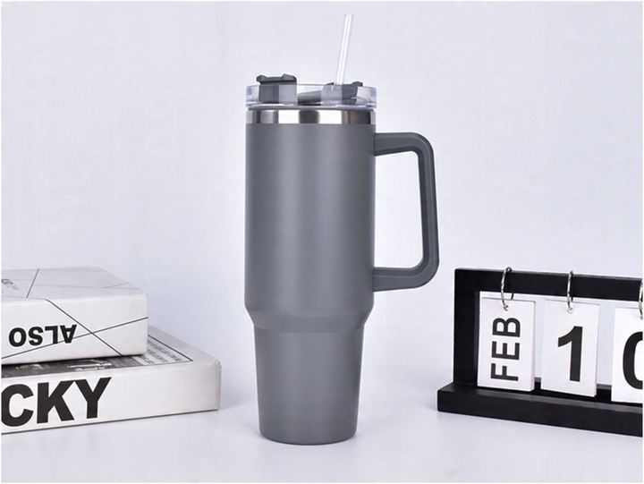 MagiCook KUBEK TERMICZNY SZARY 1200 ML ZE SŁOMKĄ STYLE USA Szarość