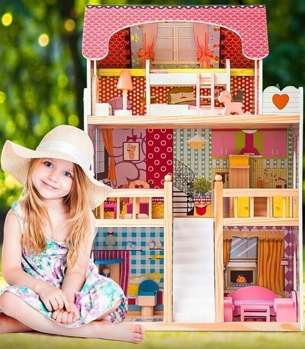 Duży Domek Dla Lalek XXL Drewniany Mebelki Do Zestawu Oświetlenie LED