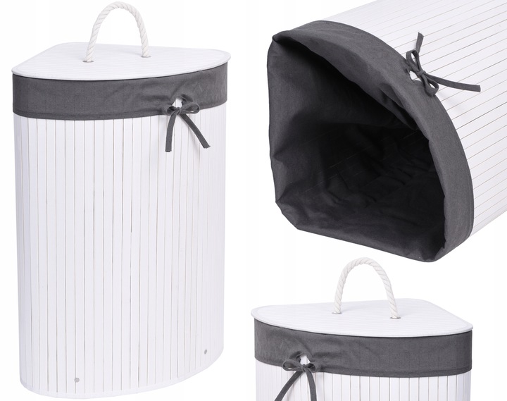 KOSZ POJEMNIK NA PRANIE BIELIZNĘ NAROŻNY BIAŁY BAMBUSOWY Z POKRYWĄ 60L
