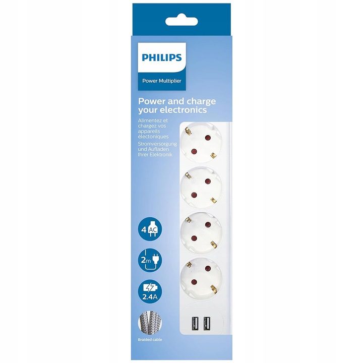 LISTWA ZASILAJĄCA PHILIPS ROZGAŁĘZIACZ 4 GNIAZDA 2x USB 2,4A PRZEWÓD 2m