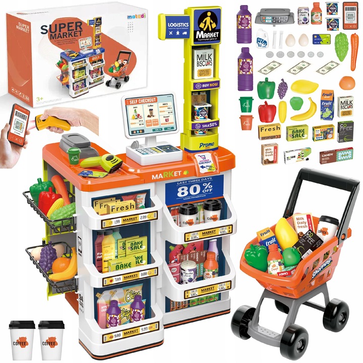 SUPERMARKET SKLEP DLA DZIECI STRAGAN KASA WAGA KOSZYK WÓZEK SMARTFON MATADI