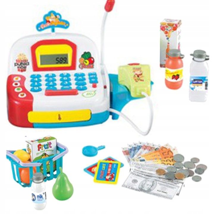 DUŻA Interaktywna Kasa Sklepowa Koszyk Produkty SKANER MIKROFON BILON KARTY