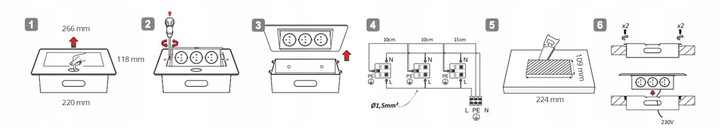 Gniazdo Nablatowe Chowane w Blat Kuchenny Wpuszczane USB-C 2x230V Srebrne
