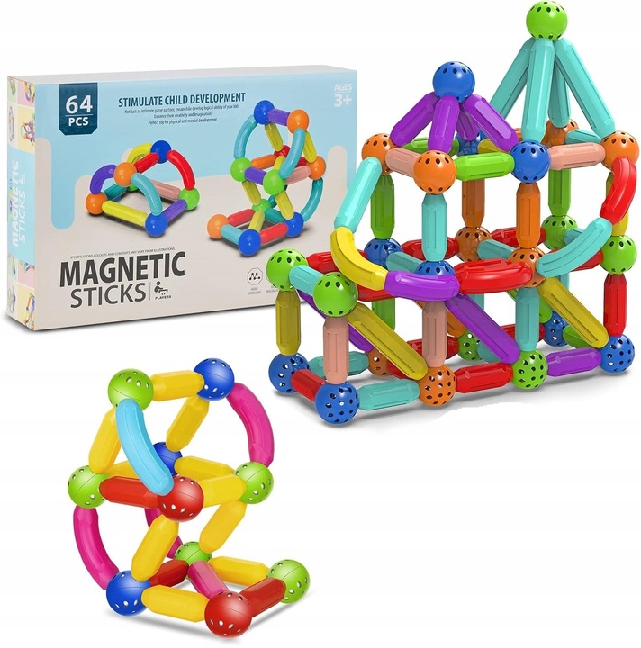 KLOCKI MAGNETYCZNE EDUKACYJNE MAGNETIC STICKS 64 ELEMENTY PREZENT