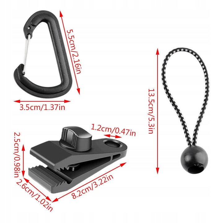 10X KLIPSÓW DO DUŻYCH OBCIĄŻEŃ Z 10 NAPINACZEM, 10 KARABIŃCZYKÓW DO MARKIZ