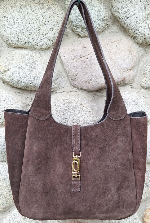 Torebka WłoskaZAMSZOAWA worek SKÓRA NATURALNA Vera Pelle CZEKOLADOWA