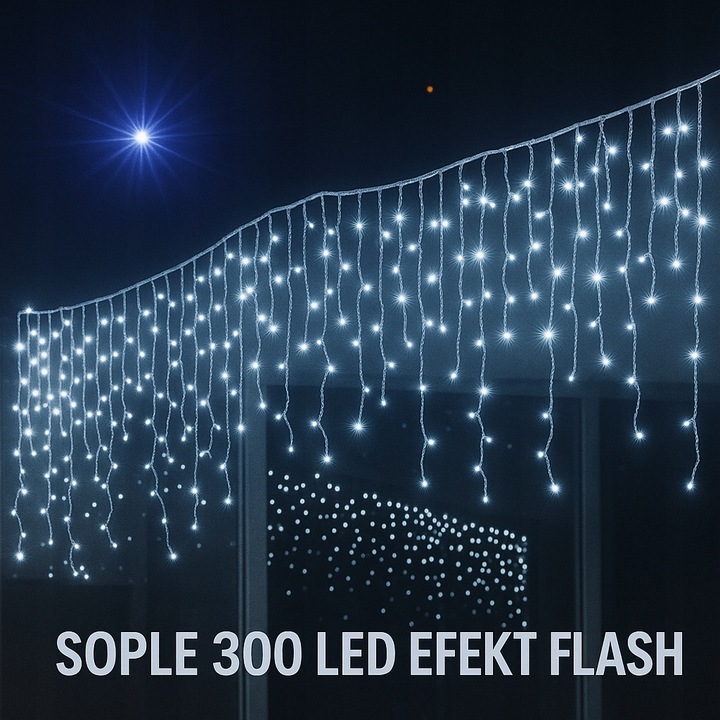 SOPLE LED 300 Zimny Biały+FLASH 14m Kurtyna Świetlna Lampki Zewnętrzne IP44
