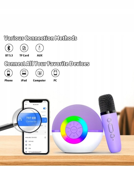 BEZPRZEWODOWY EFEKT ŚWIETLNY KARAOKE STEREO + 2 MIKROFONY