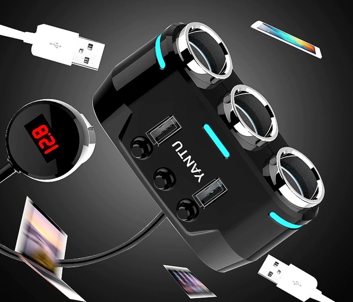 TRÓJNIK ROZGAŁĘŹNIK ZAPALNICZKI WOLTOMIERZ 2x USB