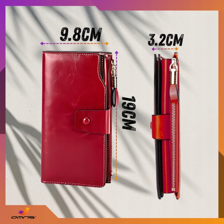 Portfel damski skórzany duży lakierowany pojemny RFID z paskiem czerwony