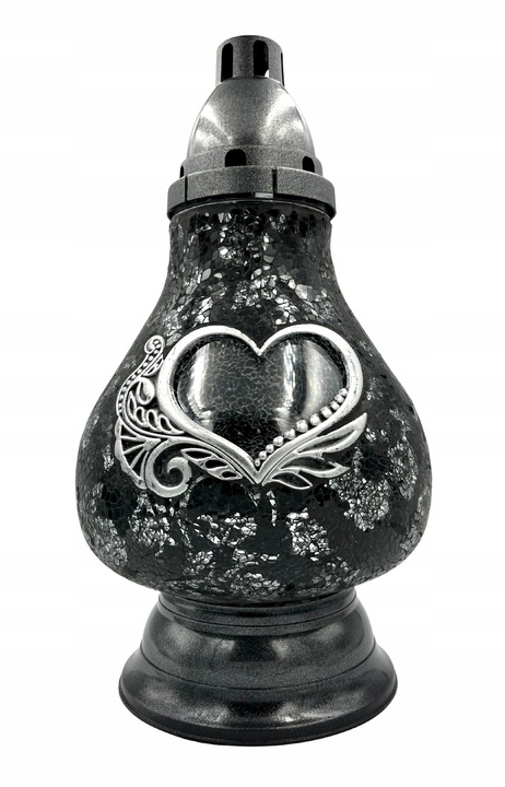 Znicz Szklany Karafka Witraż Mozaika Serce Czarno-Srebrny 38cm Lampion