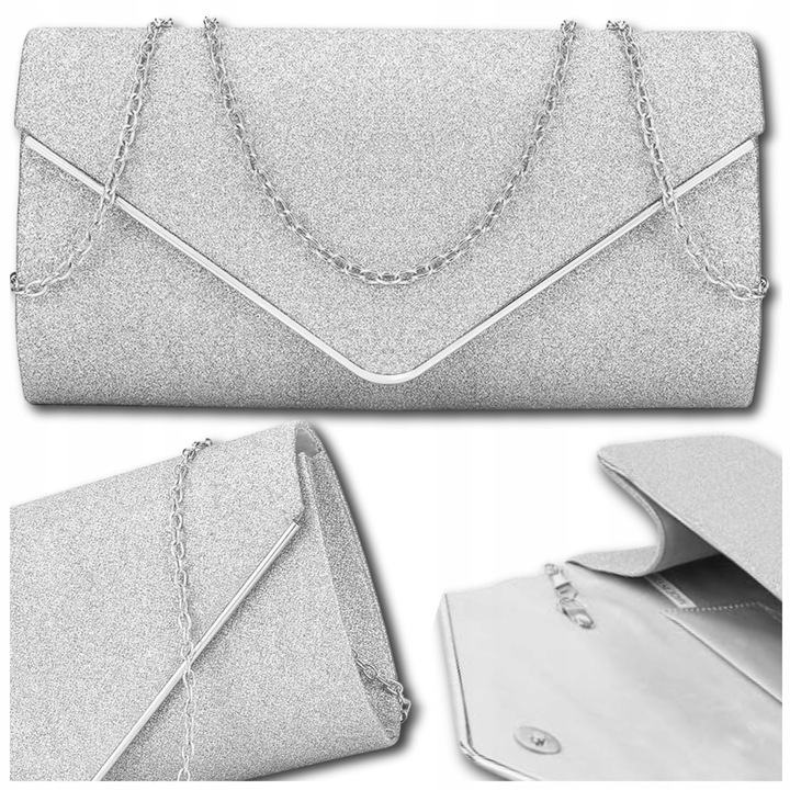 Srebrna Torebka Wieczorowa Kopertówka Wizytowa Błyszcząca Ślub Wesele bal