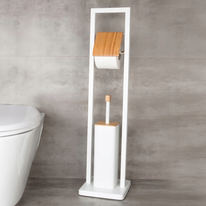 Stojak na papier toaletowy i szczotka DO ŁAZIENKI do WC biała bambus 2w1