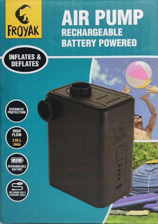 Pompka FROYAK akumulatorowa Materac Piłka Basen Ponton USB 3 Końcówki
