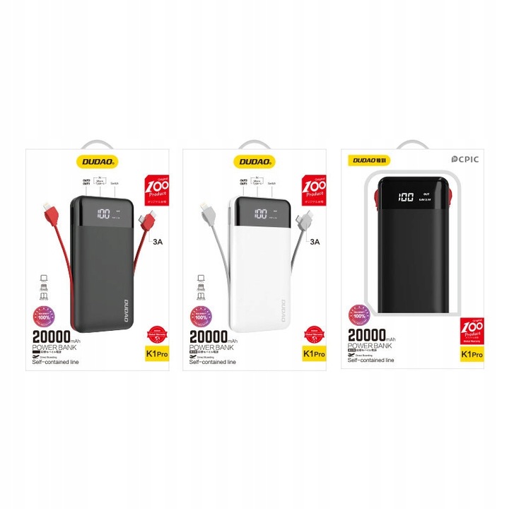 DUDAO POWERBANK 20000mAh DUŻA POJEMNOŚĆ + KABEL USB C LIGHTNING MICRO USB