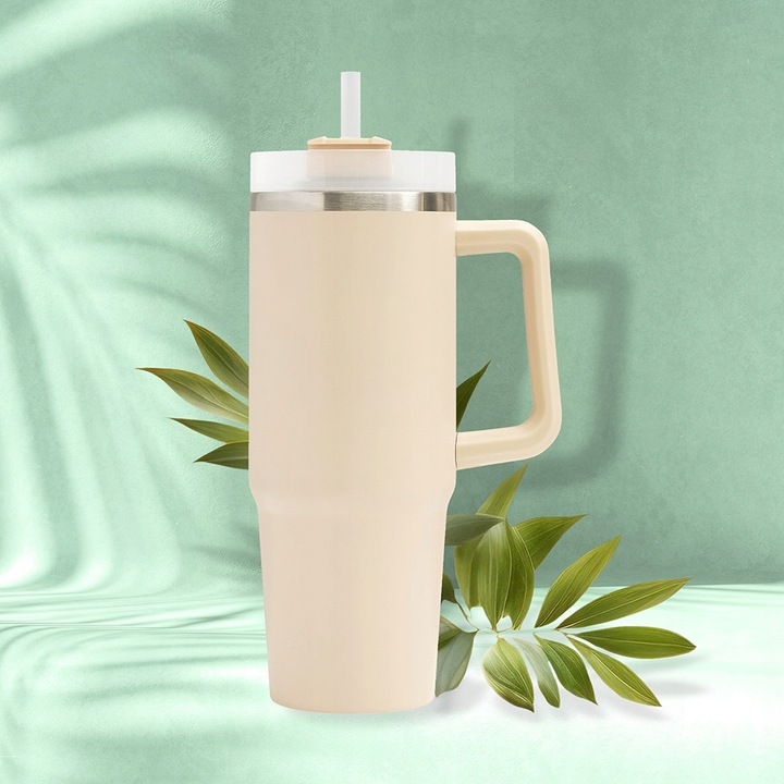 KUBEK TERMICZNY z Uchwytem i Słomką SZCZELNY 900 ml do AUTA STAL Nierdzewna