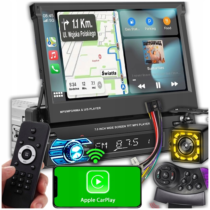 RADIO SAMOCHODOWE 1DIN 7'' BT WYSUWANY EKRAN DOTYKOWY MIRROR LINK KAMERA