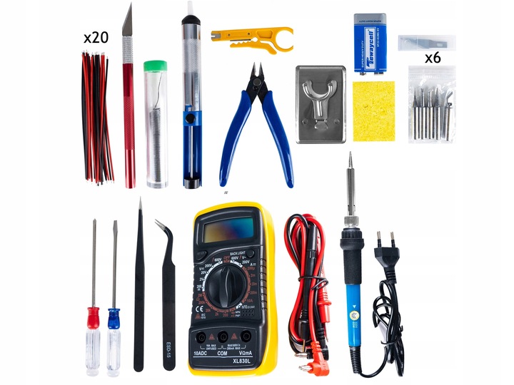 ZESTAW NARZĘDZI ELEKTRYCZNYCH LUTOWNICA MULTIMETR