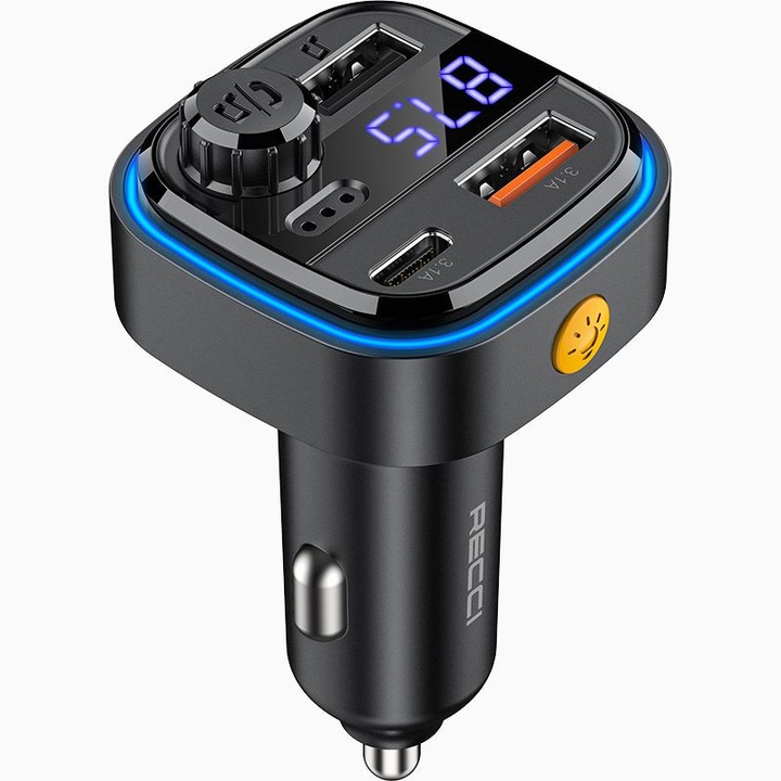 TRANSMITER SAMOCHODOWY FM BLUETOOTH LED USB i USB-C QC 3.1A RECCI