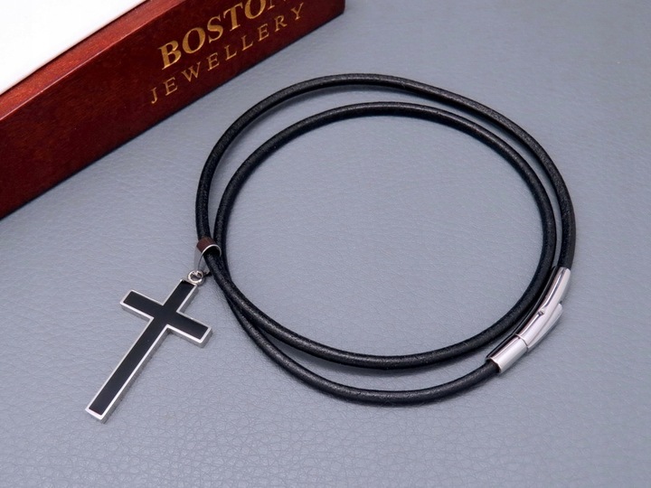 GRUBY RZEMIEŃ RZEMYK NA SZYJĘ Z KRZYŻYKIEM ZESTAW STAL CHIRURGICZNA + SKÓRA