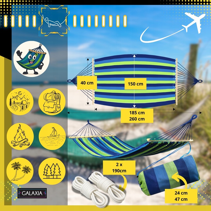 HAMAK OGRODOWY DWUOSOBOWY XXL 260x150 2 Osobowy Turystyczny Z DRĄŻKIEM DUŻY