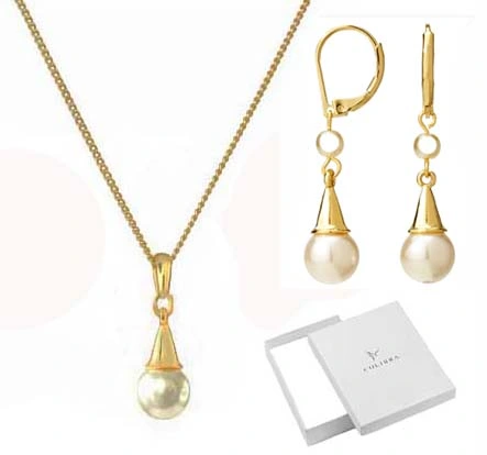 ZŁOTY KOMPLET BIŻUTERII Z PEREŁĄ KOLCZYKI WISZĄCE PERŁY NASZYJNIK ZAWIESZKA