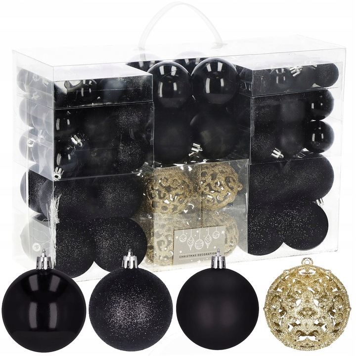 BOMBKI CHOINKOWE 100szt nietłukące ZESTAW XXL NA CHOINKĘ WZORY CZARNE ZŁOTE