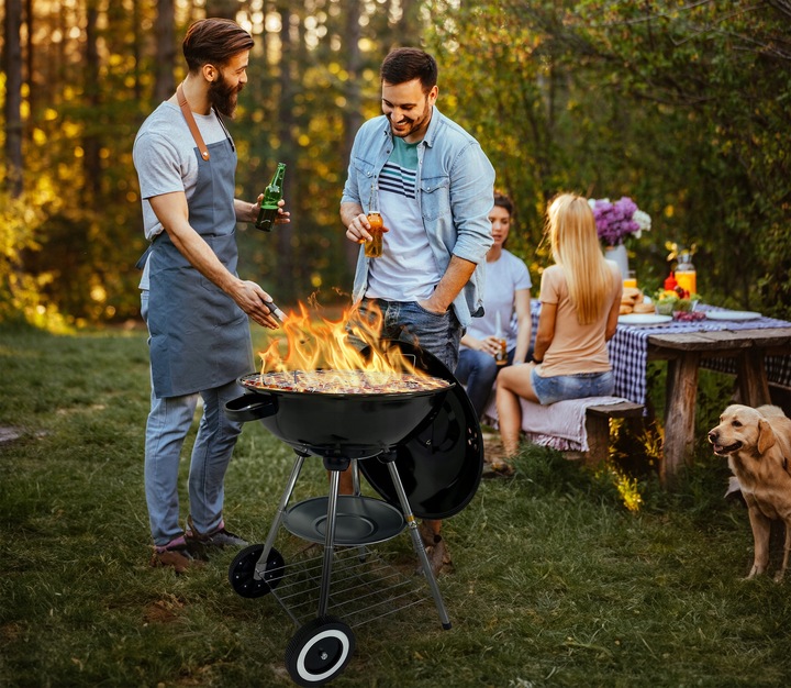 GRILL OGRODOWY WĘGLOWY OKRĄGŁY PRZENOŚNY POKRYWA RUSZT + 4 x MATA BBQ