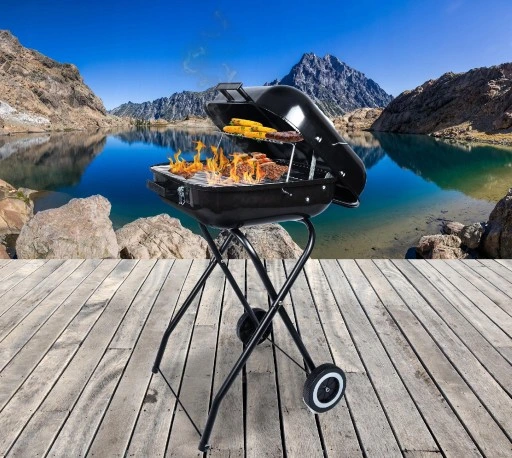 GRILL Węglowy na brykiet Ogrodowy PRZENOŚNY turystyczny WÓZEK POKRYWA