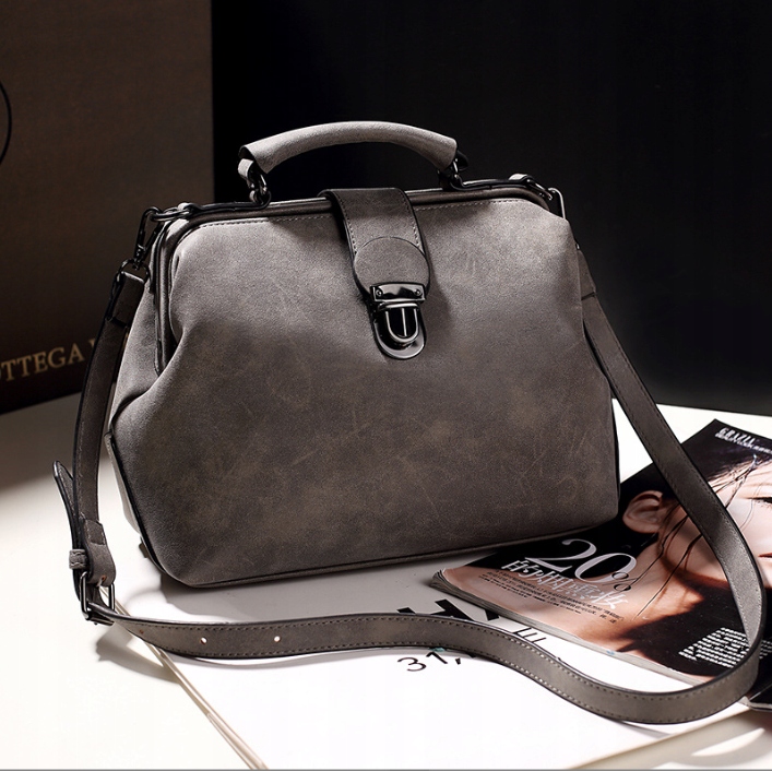 TOREBKA SZARA Damska Kuferek na Ramię do Ręki Pojemna Zamsz