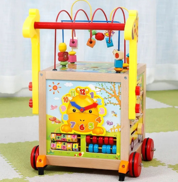 DUŻY DREWNIANY CHODZIK PCHACZ KOSTKA EDUKACYJNA 7w1 MONTESSORI + MULA