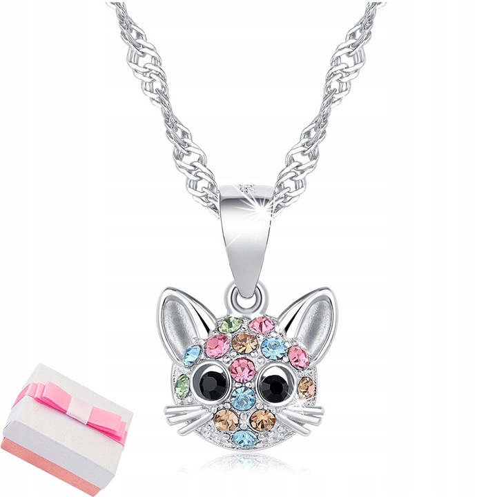 NASZYJNIK SREBRNY RODOWANY DLA DZIEWCZYNKI KOTEK, UROCZY PREZENT