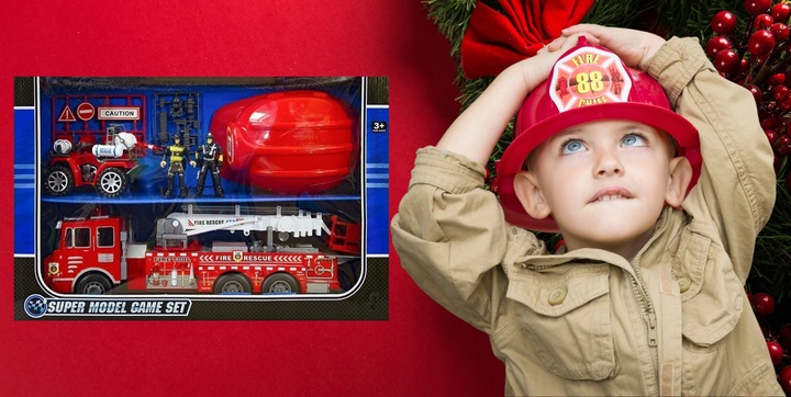 DUŻY Zestaw STRAŻ POŻARNA WÓZ STRAŻACKI STRAŻACY KASK QUAD AKCESORIA BOX