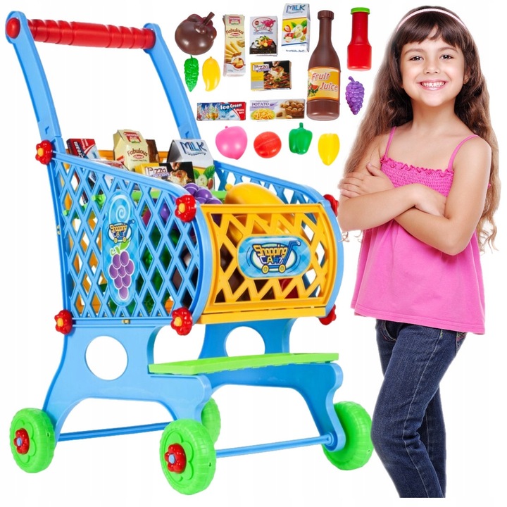 WÓZEK KOSZYK ZAKUPOWY MARKETOWY NA ZAKUPY Z PRODUKTAMI DLA DZIECI