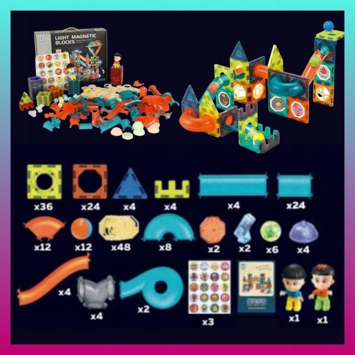 Klocki MAGNETYCZNE DUŻE 202EL Świecące TOR KULKOWY Kulodrom Magnetic Blocks