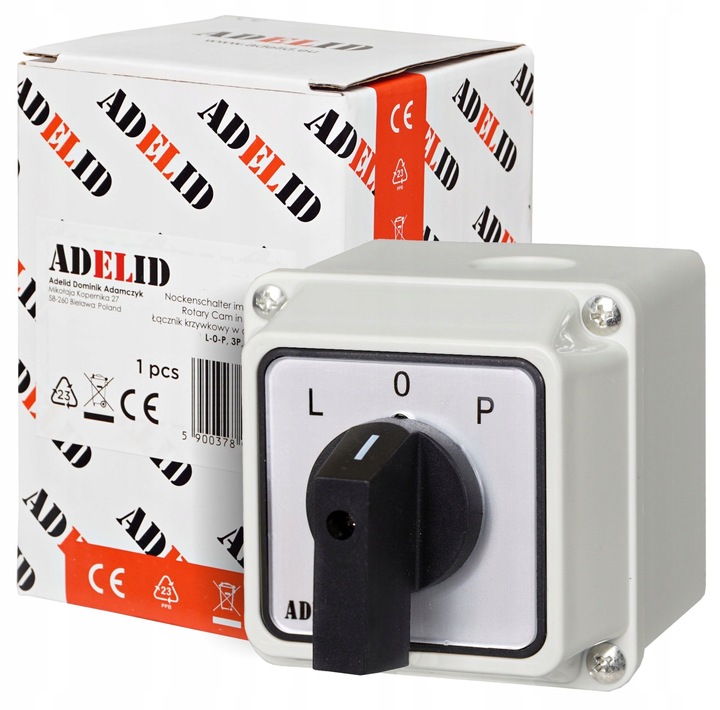 ŁĄCZNIK KRZYWKOWY L-0-P 25A 3P LEWO PRAWO W OBUDOWIE 70x70 3F IP65