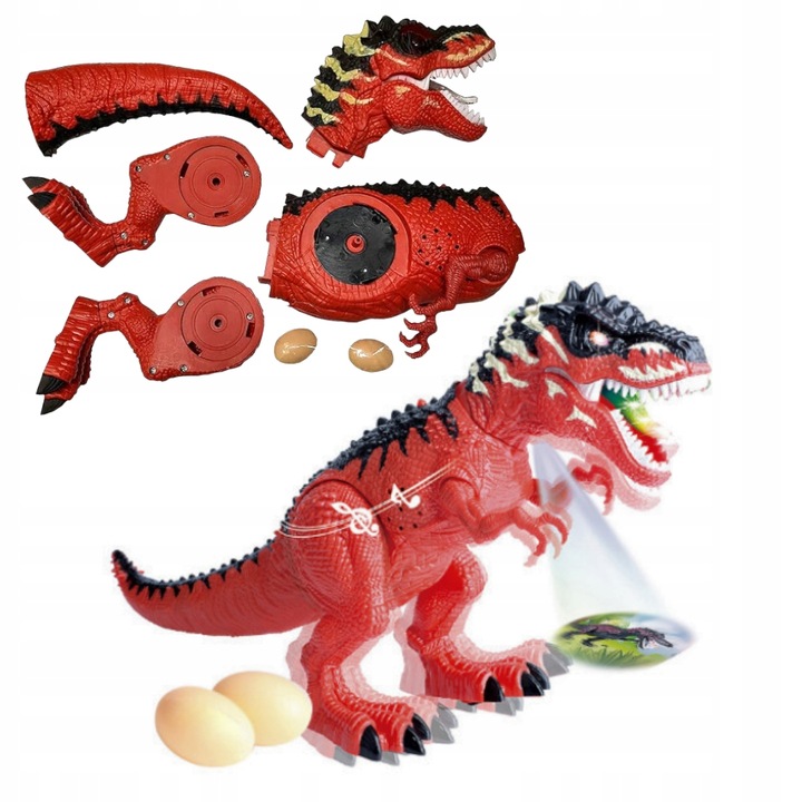 DUŻY DINOZAUR T-REX Z PROJEKTOREM Chodzi Ryczy ZNOSI JAJA Czerwony